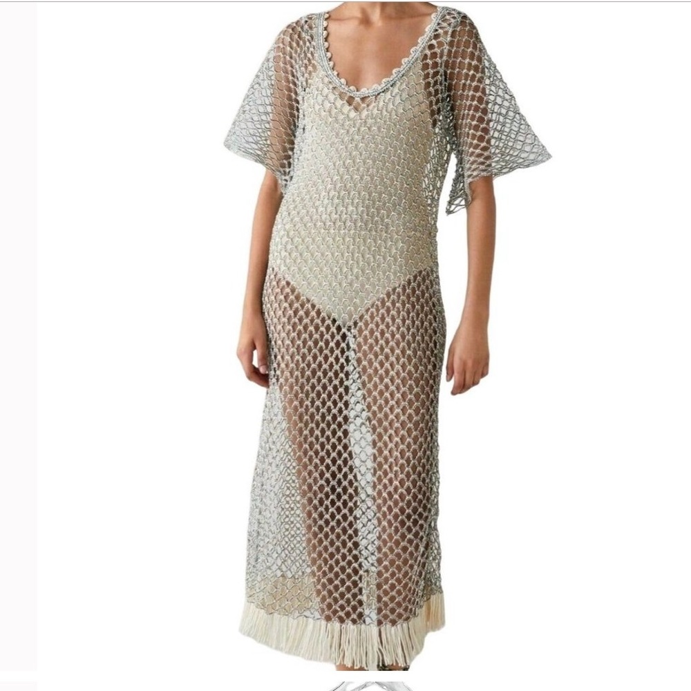 🩵 ZARA Metallic Thread Open Stitch Crochet Cover Up Swim Fringe Hem Midi Dress
